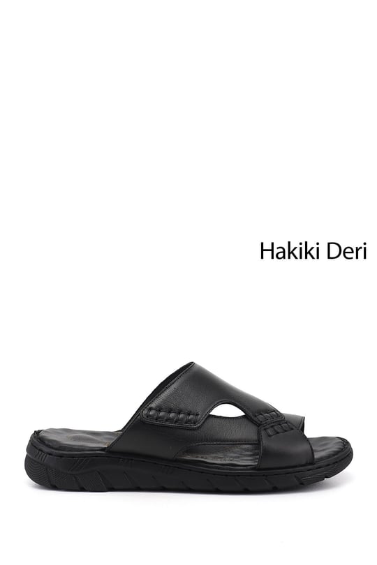 Erkek Siyah Bantlı Hakiki Deri Terlik