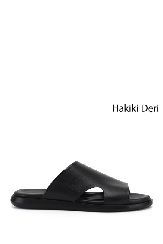 Erkek Siyah Bantlı Hakiki Deri Terlik