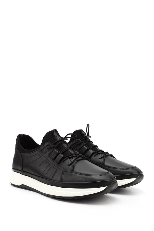 Erkek Siyah Likralı Lastik Bağcıklı Hakiki Deri Comfort Sneaker