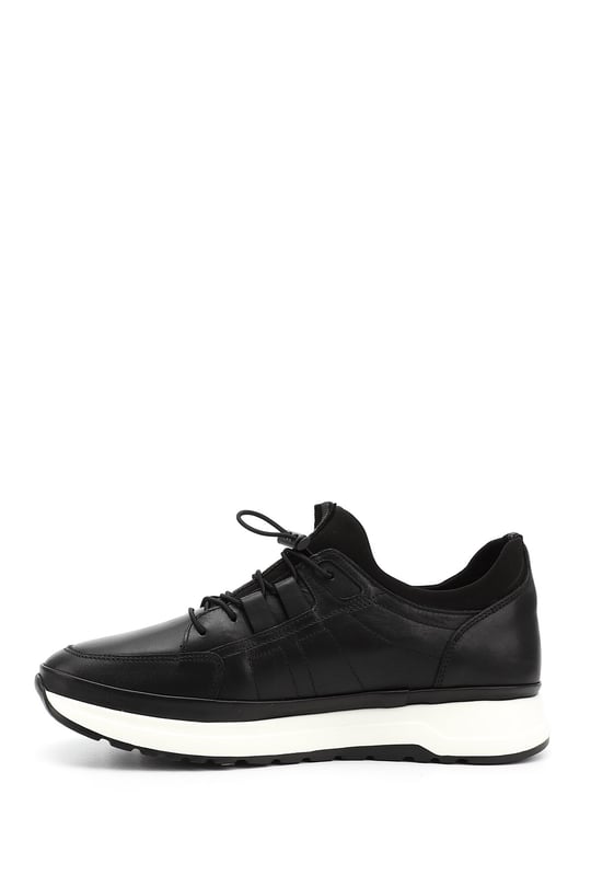 Erkek Siyah Likralı Lastik Bağcıklı Hakiki Deri Comfort Sneaker