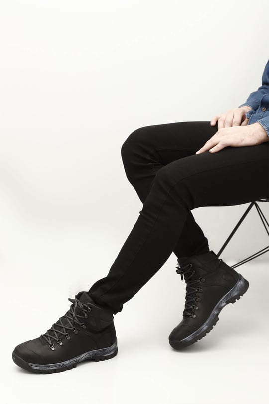 Men's Black Nubuck Lace-Up Rubber Sole Genuine Leather Outdoor Boots