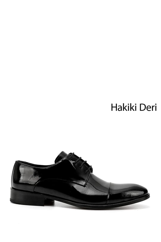 Erkek Siyah Rugan Bağcıklı Kösele Taban Hakiki Deri Klasik Ayakkabı