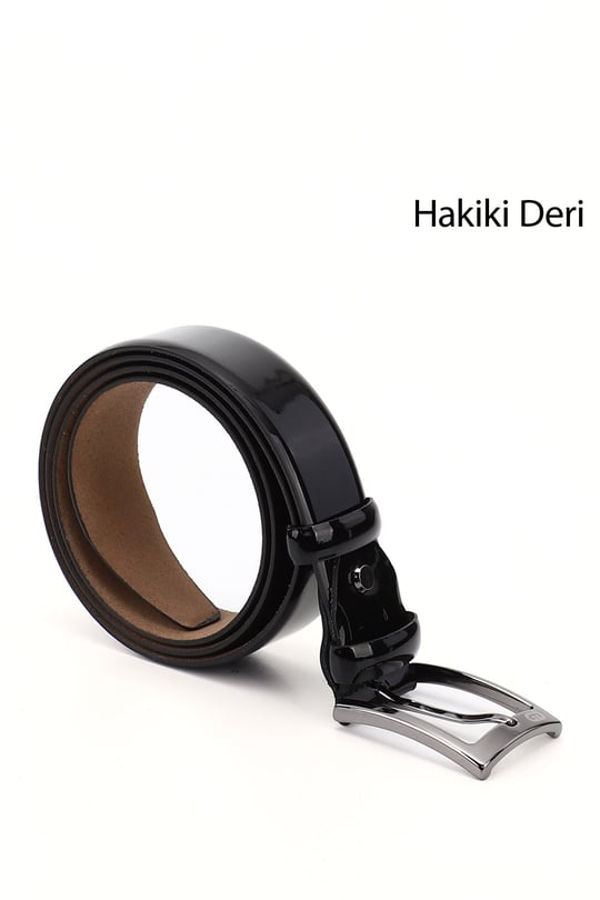 Erkek Siyah Rugan Hakiki Deri 3,5 Cm Klasik Kemer