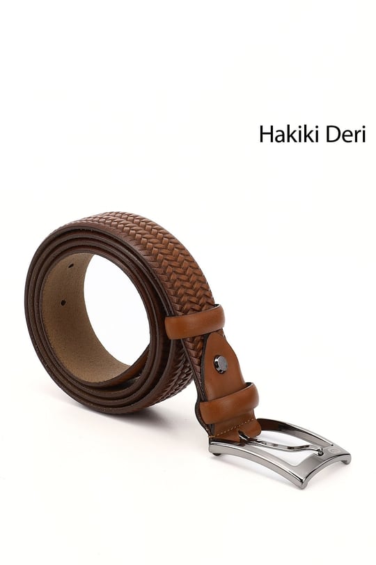 Erkek Taba Antik Hakiki Deri 3,5 Cm Örgü Desenli Klasik Kemer