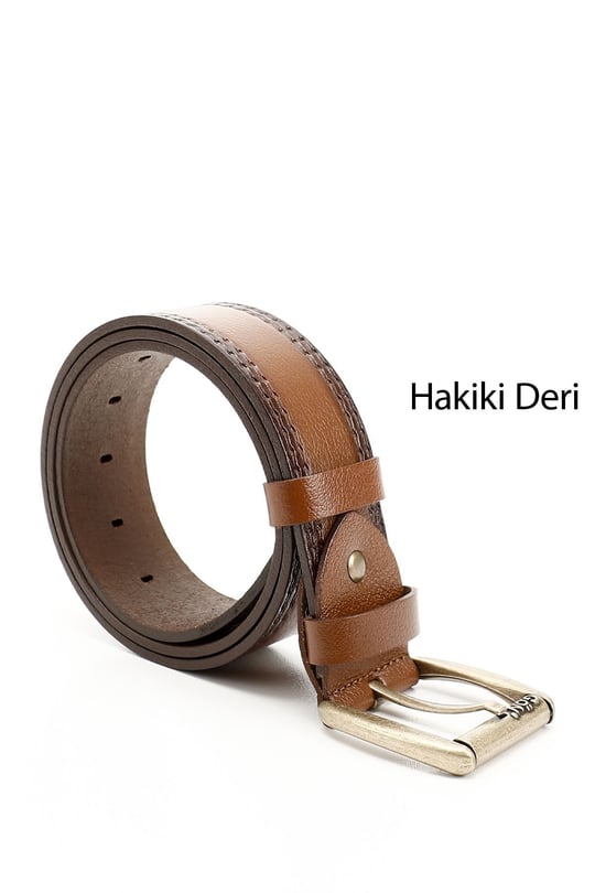 Erkek Taba Antik Hakiki Deri 4 Cm Dikişli Kot Kemeri