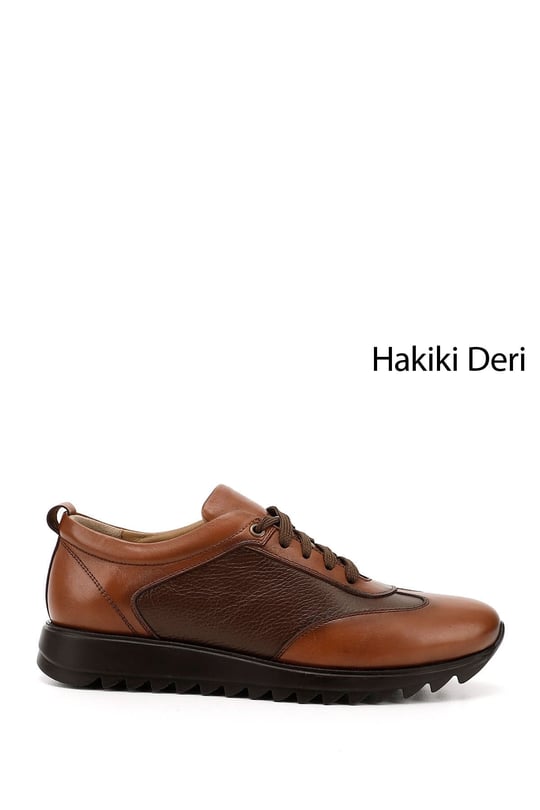 Men's Tan Genuine Leather Lace-Up Sneakers
