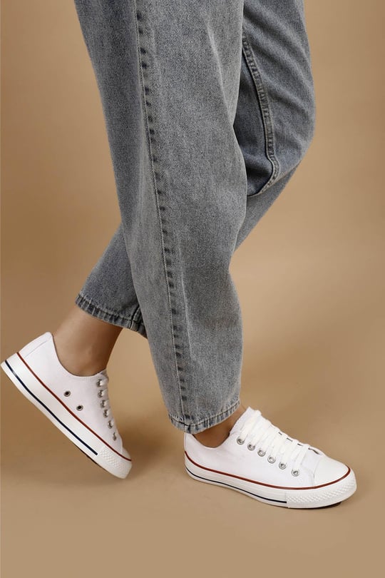 Gön Bağcıklı Kadın Keten Günlük Spor Düz Taban Sneaker 35222