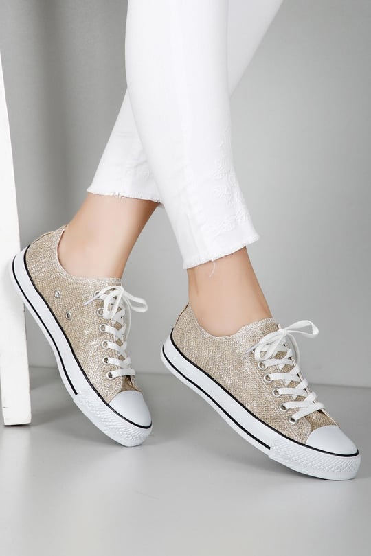 Gön Bağcıklı Kadın Keten Günlük Spor Düz Taban Sneaker 35222