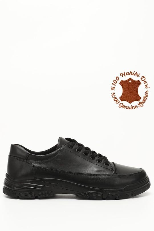 Erkek Siyah Bağcıklı Kauçuk Taban Hakiki Deri Sneaker