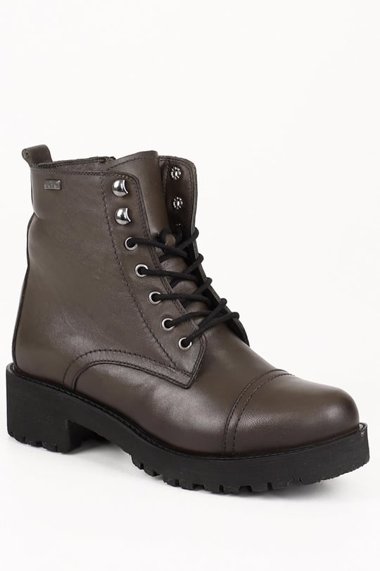 Gon Genuine Leather Round Toe Rubber Sole Heeled Zipper Laced Women's Daily Boots  46461