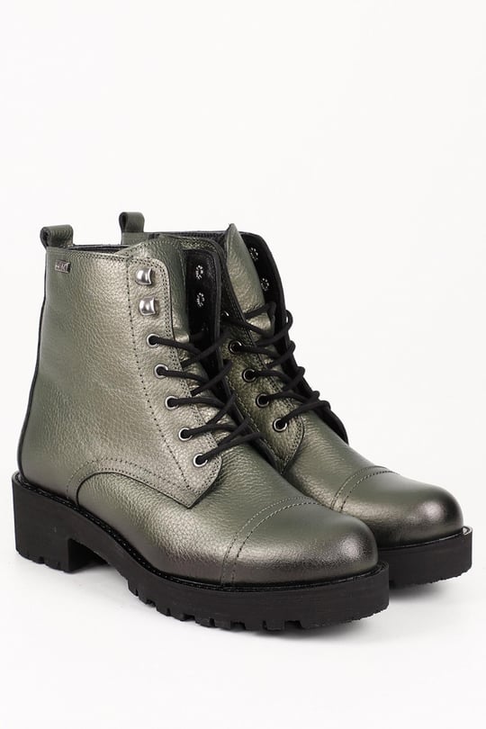 Gon Genuine Leather Round Toe Rubber Sole Heeled Zipper Laced Women's Daily Boots  46461