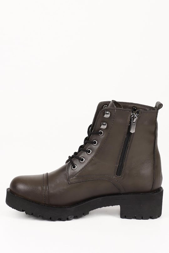 Gon Genuine Leather Round Toe Rubber Sole Heeled Zipper Laced Women's Daily Boots  46461