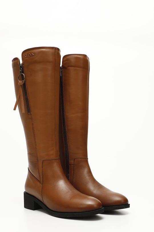 Gön Genuine Leather Round Toe Rubber Sole Heeled Zipper Buckle Women's Daily Boots GN518