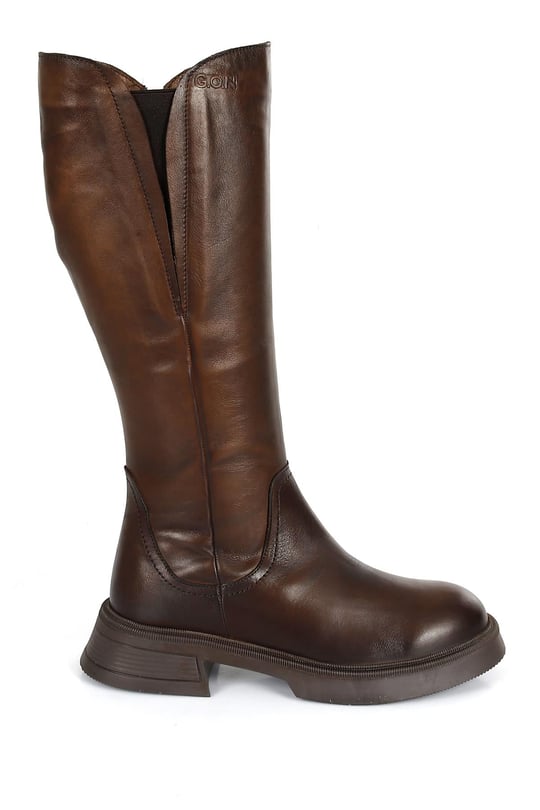 Gon Genuine Leather Round Toe Heeled Zipper Women's Daily Boots   46598