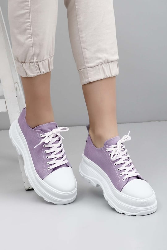 Gön Yuvarlak Burun Dolgu Taban Bağcıklı Spor Keten Kadın Sneaker 35231