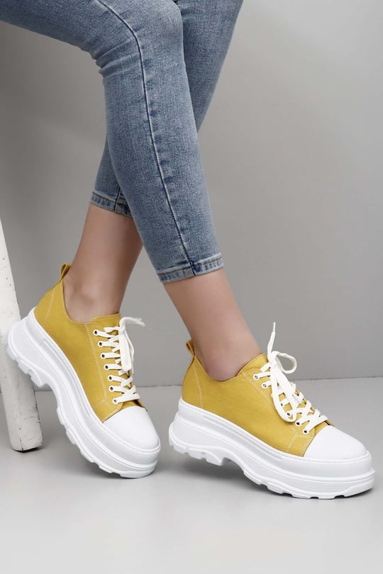 Gön Yuvarlak Burun Dolgu Taban Bağcıklı Spor Keten Kadın Sneaker 35231