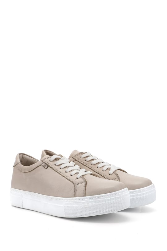 Women's Light Beige Lace-Up Wedge Sole Genuine Leather Sneakers