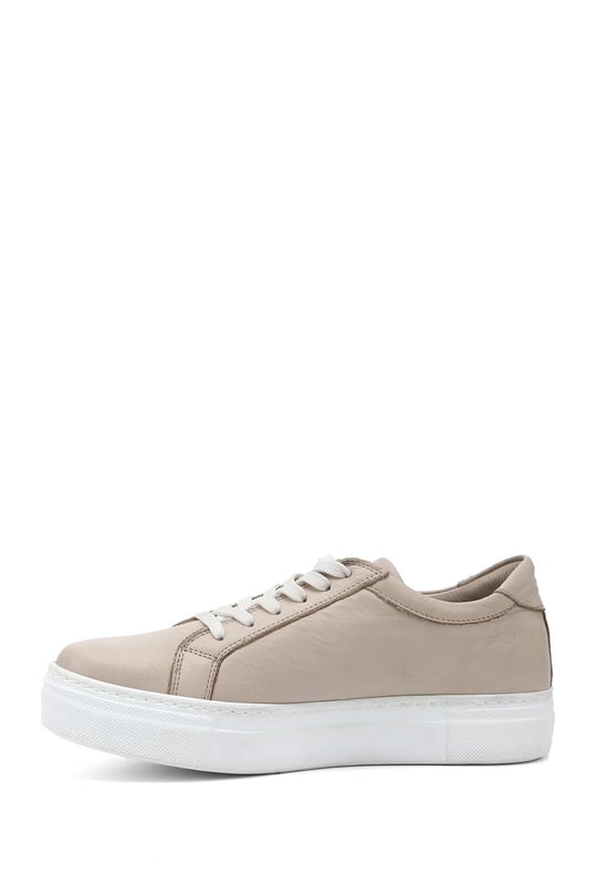 Women's Light Beige Lace-Up Wedge Sole Genuine Leather Sneakers