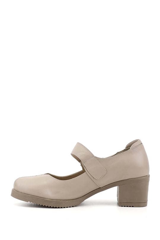 Women's Light Beige Thick Heeled Mary Jane Genuine Leather Shoes