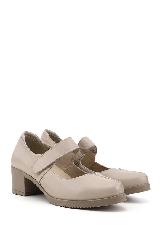 Women's Light Beige Thick Heeled Mary Jane Genuine Leather Shoes