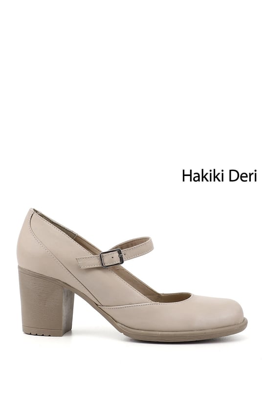 Women's Light Beige Thick Heeled Mary Jane Genuine Leather Shoes