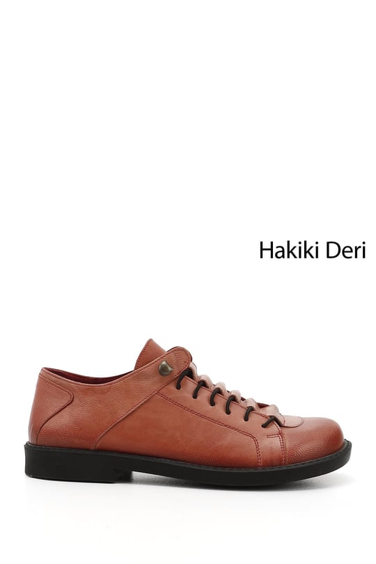 Kadın Açık Kırmızı Bağcıklı Kauçuk Taban Hakiki Deri Ayakkabı