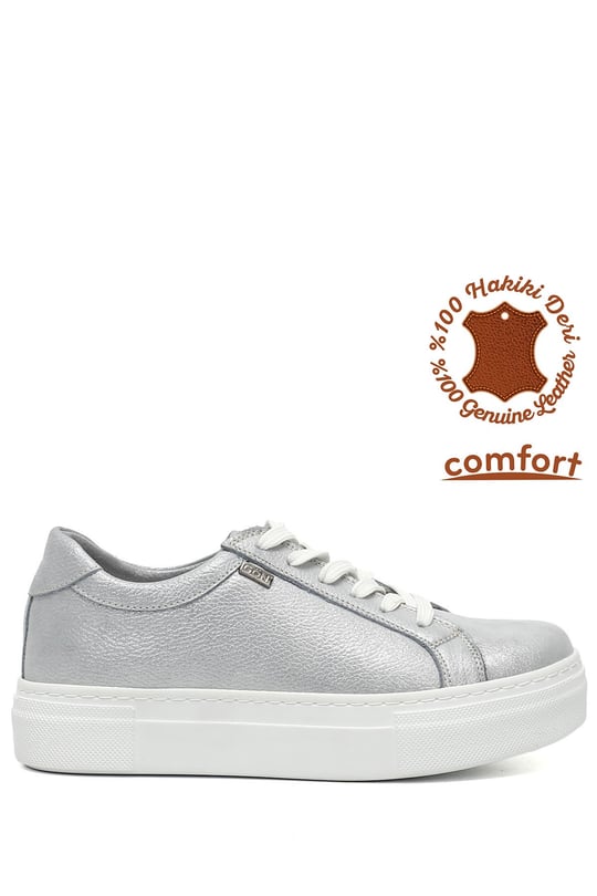 Women's Light Blue Glittery Lace-Up Wedge Sole Genuine Leather Sneaker