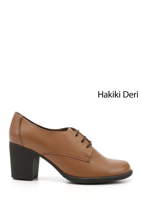 Kadın Açık Taba Bağcıklı Orta Kalın Topuklu Hakiki Deri Oxford Ayakkabı