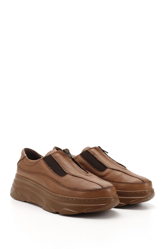 Kadın Açık Taba Fermuarlı Dolgu Taban Hakiki Deri Sneaker