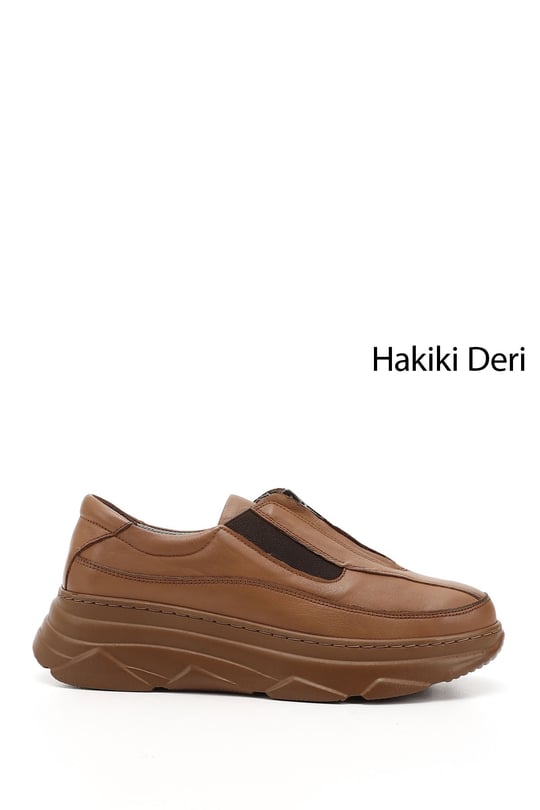 Kadın Açık Taba Fermuarlı Dolgu Taban Hakiki Deri Sneaker