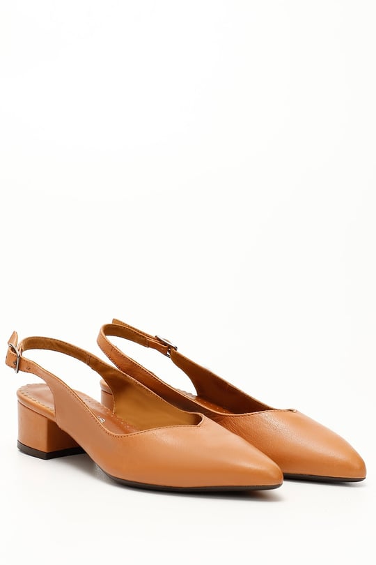 Women's Light Brown Thick Heeled Slingback Genuine Leather Shoes