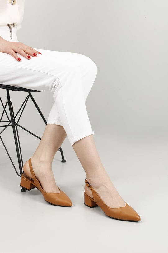 Women's Light Brown Thick Heeled Slingback Genuine Leather Shoes