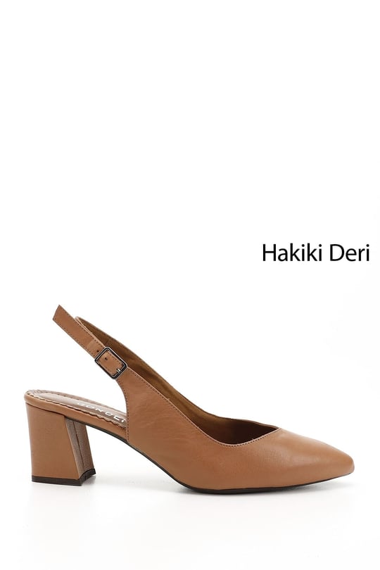 Kadın Açık Taba Kalın Topuklu Arkası Açık Hakiki Deri Ayakkabı