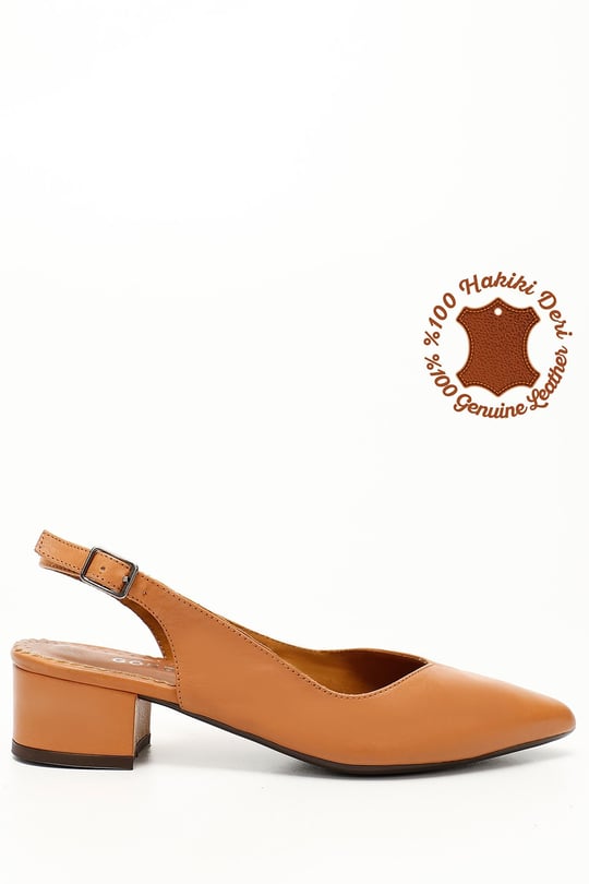 Women's Light Brown Thick Heeled Slingback Genuine Leather Shoes
