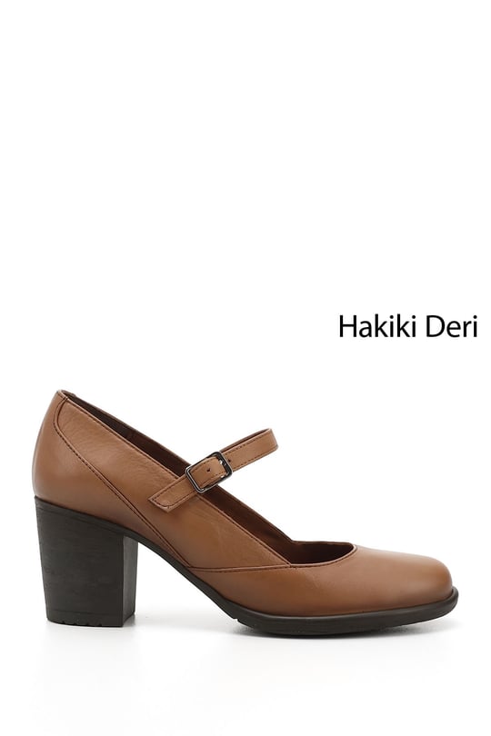 Kadın Açık Taba Kalın Topuklu Mary Jane Hakiki Deri Ayakkabı
