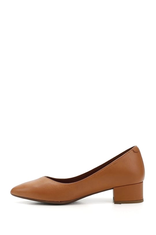 Women's Light Brown Low Thick Heel Genuine Leather Shoes
