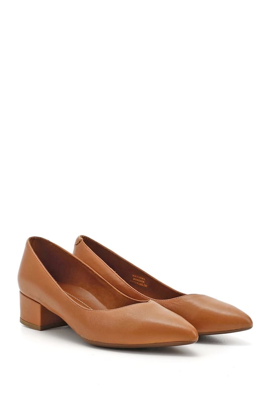 Women's Light Brown Low Thick Heel Genuine Leather Shoes