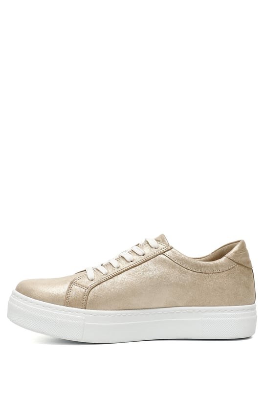Kadın Altın Bağcıklı Dolgu Taban Hakiki Deri Sneaker