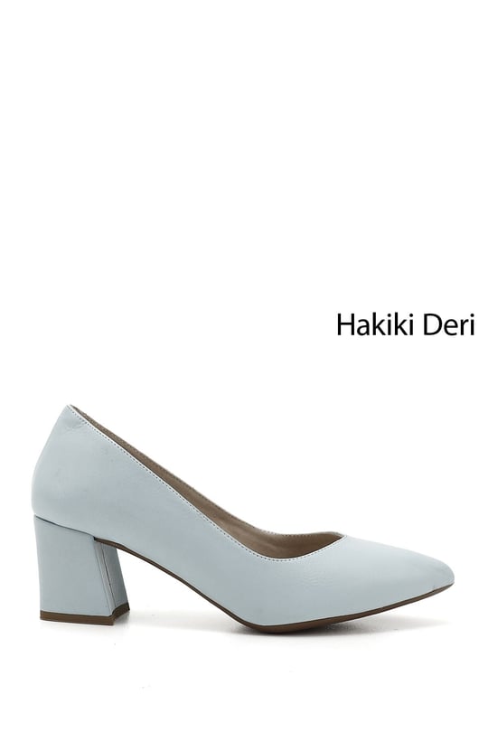 Kadın Bebek Mavisi Sivri Burun Orta Kalın Topuklu Hakiki Deri Ayakkabı