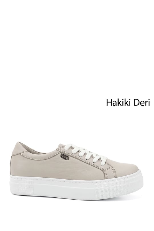 Kadın Bej Antik Bağcıklı Dolgu Taban Hakiki Deri Sneaker