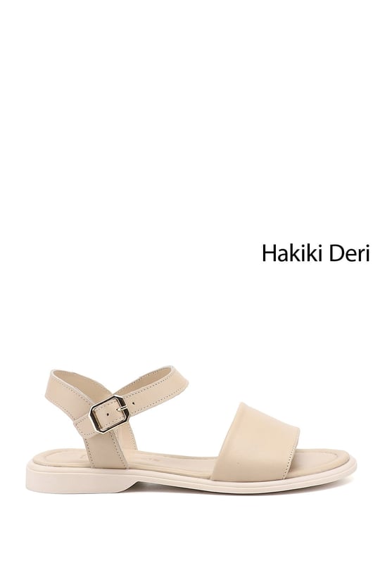 Kadın Bej Antik Tokalı Bantlı Hakiki Deri Sandalet