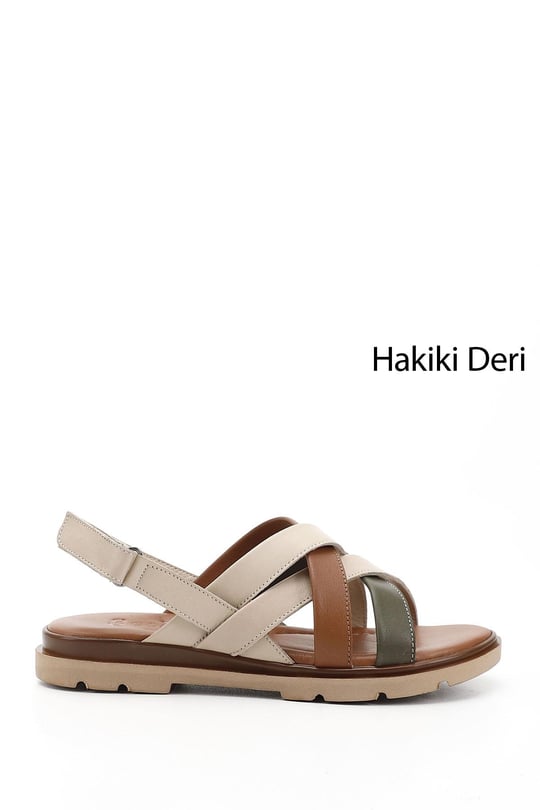 Kadın Bej Antik Çapraz Bantlı Hakiki Deri Sandalet