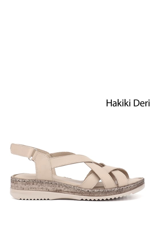 Kadın Bej Antik Cırt Bantlı Dolgu Topuk Hakiki Deri Sandalet