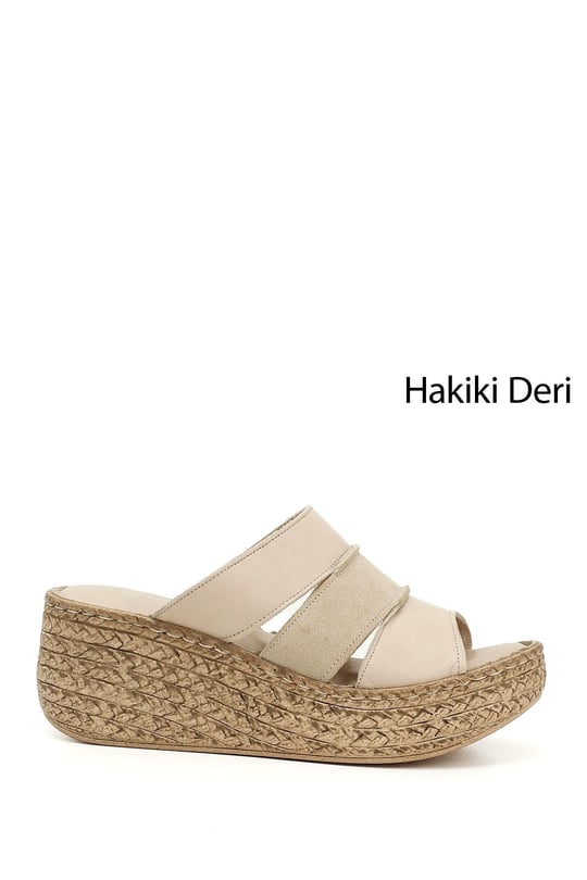 Kadın Bej Antik Dolgu Topuk Hakiki Deri Terlik