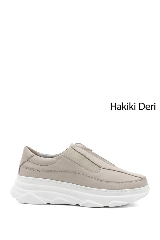 Kadın Bej Antik Fermuarlı Dolgu Taban Hakiki Deri Sneaker