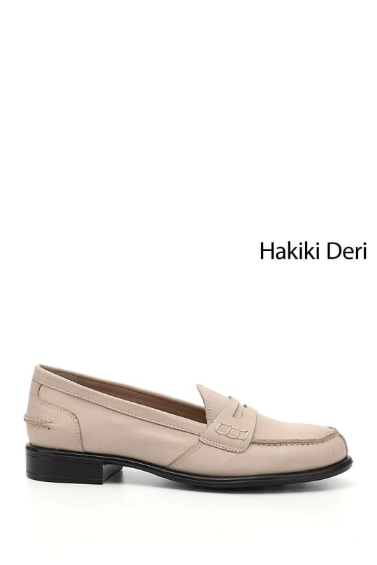 Kadın Bej Antik Hakiki Deri Loafer Ayakkabı