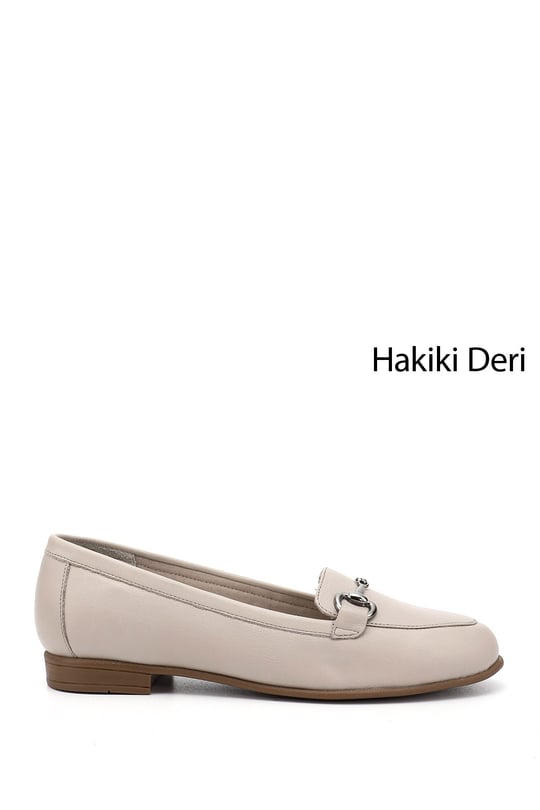 Kadın Bej Antik Hakiki Deri Tokalı Babet