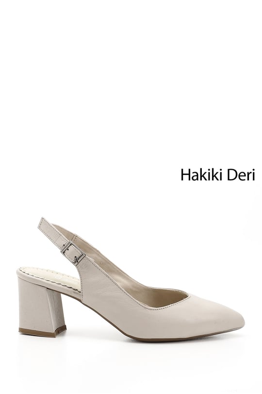 Kadın Bej Antik Kalın Topuklu Arkası Açık Hakiki Deri Ayakkabı