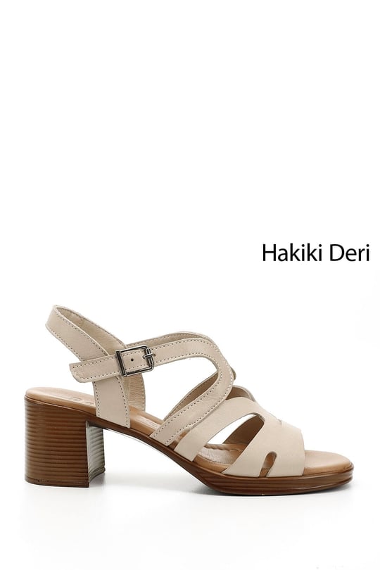 Kadın Bej Antik Kalın Topuklu Hakiki Deri Sandalet