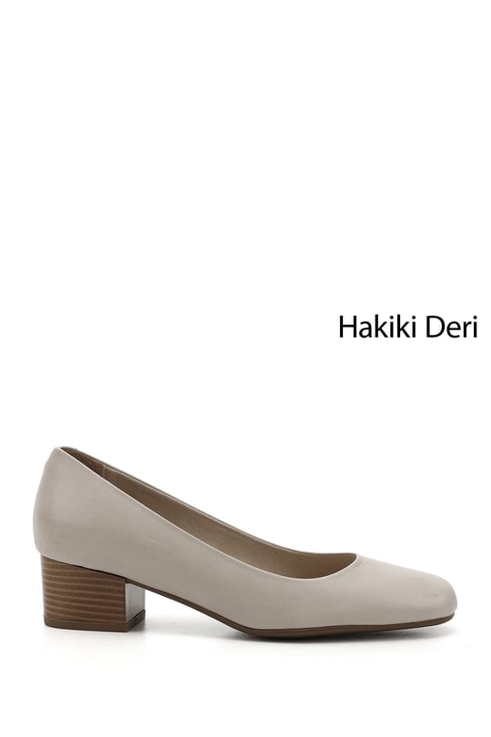 Kadın Bej Antik Kısa Kalın Topuklu Hakiki Deri Ayakkabı